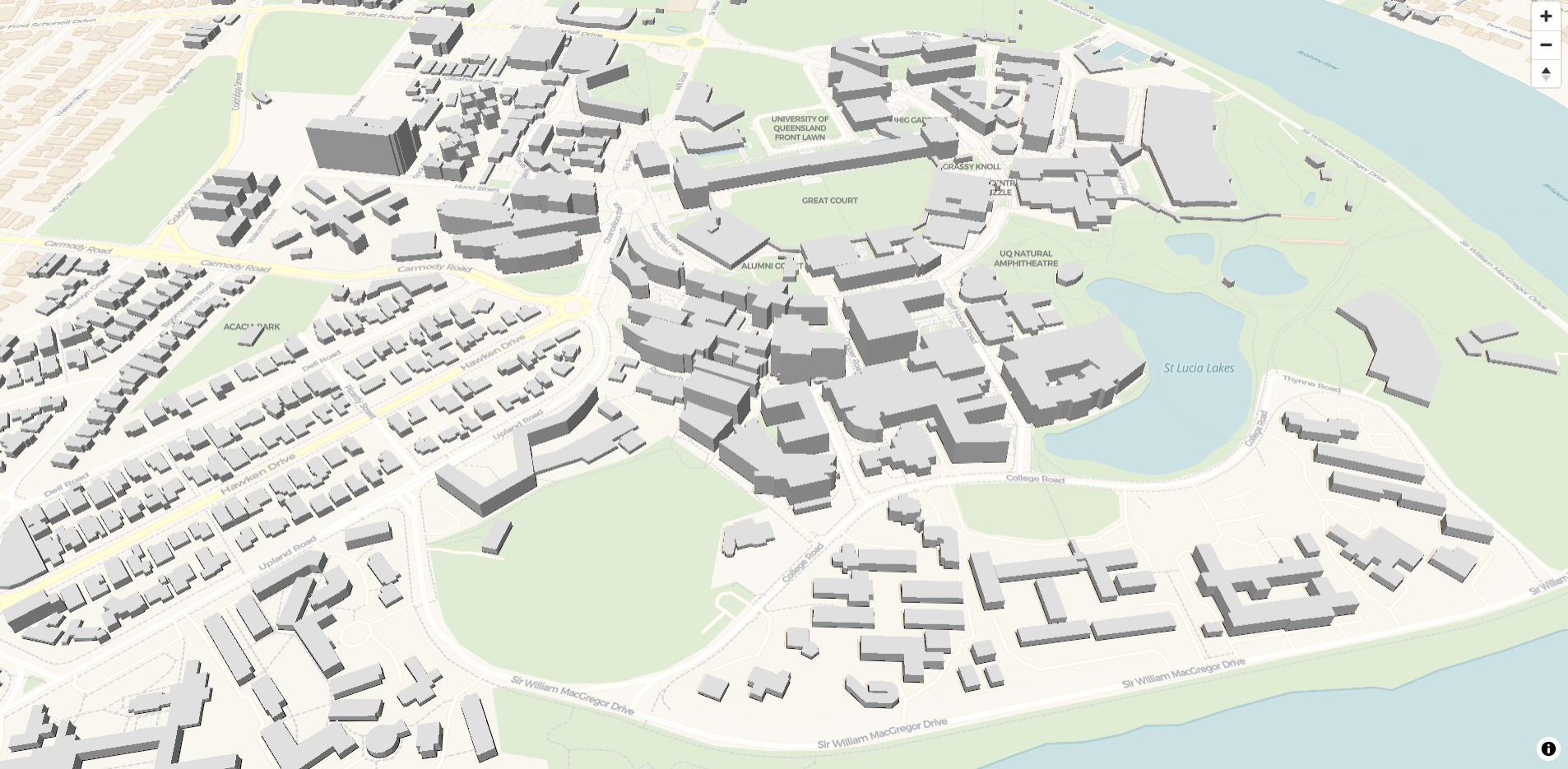 angle view of grey 3D buildings laid on top of an OSM basemap, showing UQ's St Lucia campus